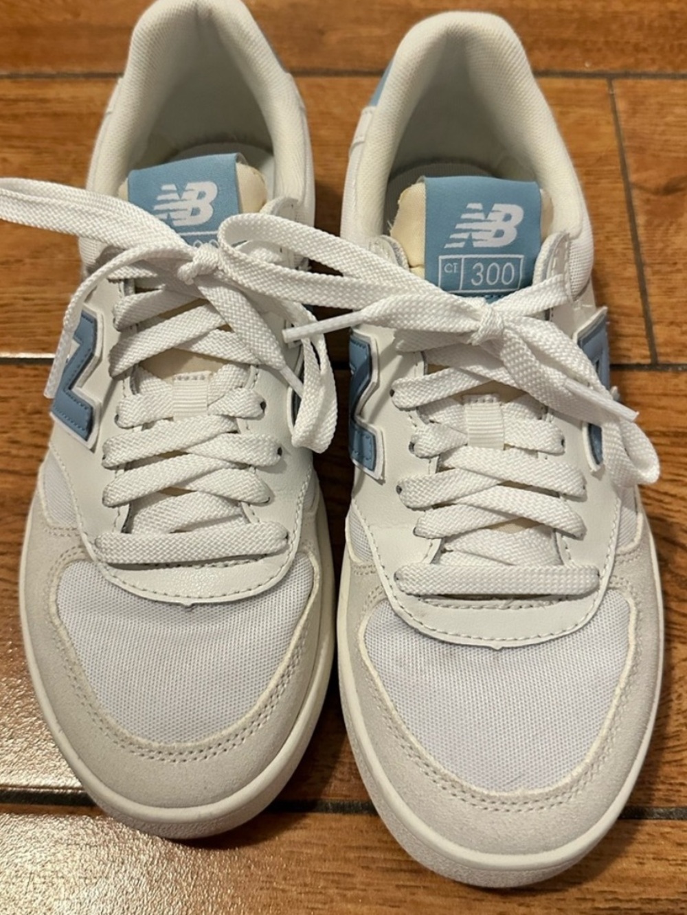 New Balance White and Light Blue 300 Court Sneakers